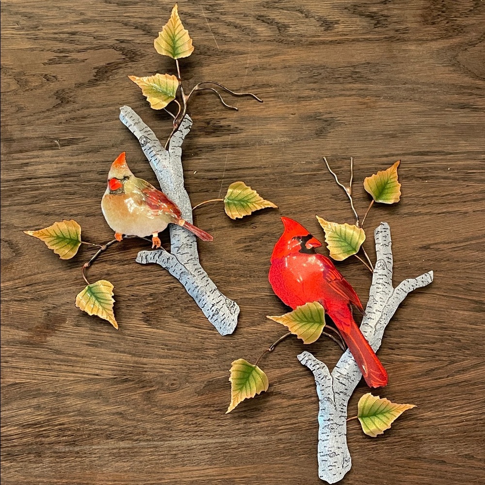 BOVANO OF CHESHIRE MALE AND FEMALE CARDINAL ON BIRCH ENAMEL ON COPPER WALL ART
